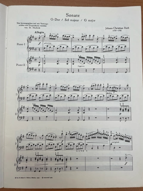 Johann Christian Bach Sonate en sol majeur pour 2 pianos- 3000 partitions, livres et vinyles d'occasion en vente sur notre site internet gastonmusicclub.fr Gaston Music Store