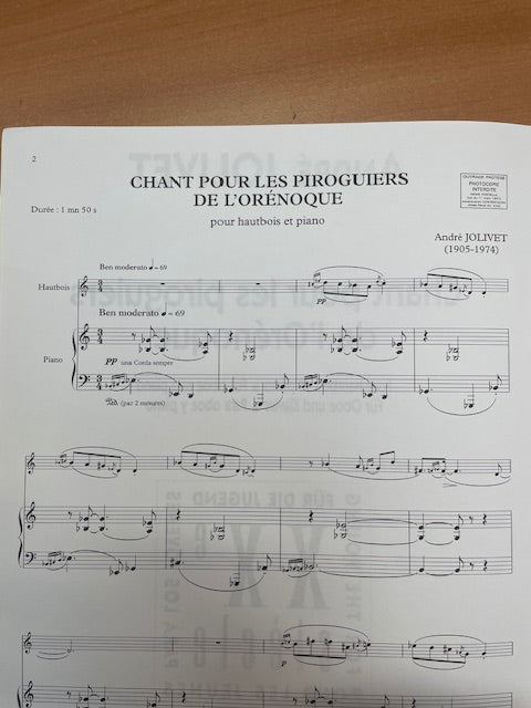 André Jolivet Chant pour les piroguiers de l'Orénoque pour hautbois et piano-3000 partitions, livres et vinyles d'occasion en vente sur notre site internet gastonmusicclub.fr Gaston Music Store