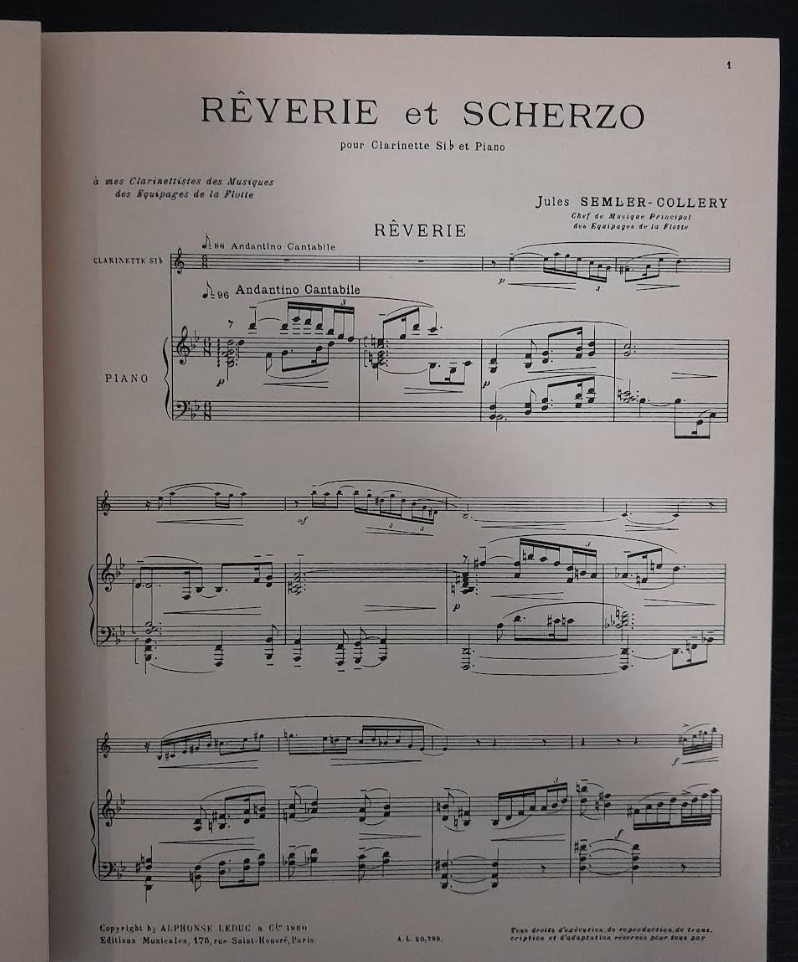 Jules Semler-Collery Rêverie et scherzo partition pour clarinette