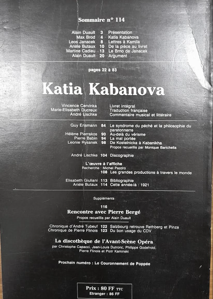 Janacek Katia Kabanova Revue "Avant-scène" Opéra n° 114-3000 partitions, livres et vinyles d'occasion en vente sur notre site internet gastonmusicclub.fr Gaston Music Store
