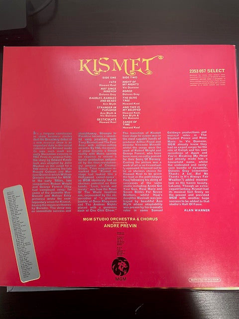 Vinyle Kismet, selections from the MGM film -3000 partitions, livres et vinyles d'occasion en vente sur notre site internet gastonmusicclub.fr Gaston Music Store