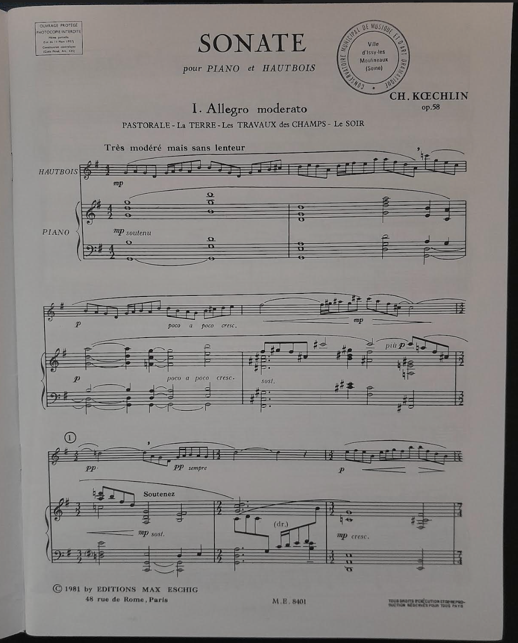 Charles Koechlin Sonate pour piano et hautbois-3000 partitions, livres et vinyles d'occasion en vente sur notre site internet gastonmusicclub.fr Gaston Music Store