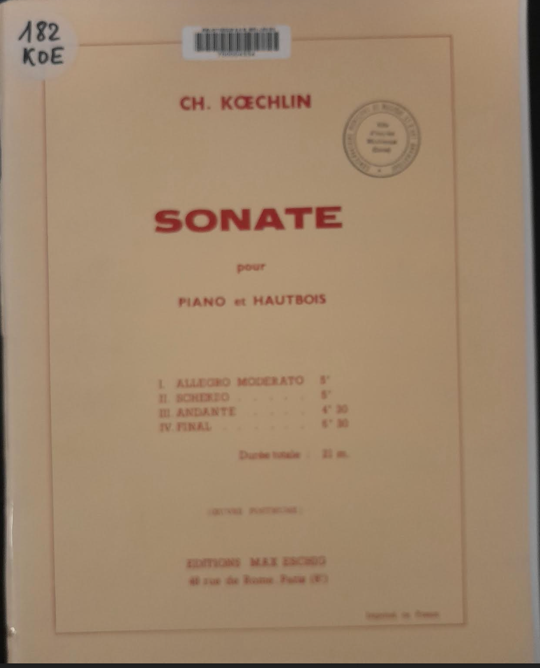 Charles Koechlin Sonate pour piano et hautbois-3000 partitions, livres et vinyles d'occasion en vente sur notre site internet gastonmusicclub.fr Gaston Music Store