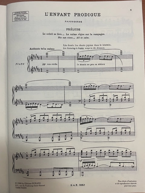 Claude Debussy L'enfant prodigue, scène lyrique Réduction Piano chant