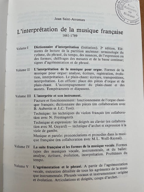 L'interprétation de la musique pour orgue 1661-1789 livre de Jean Saint-Arroman-3000 partitions, livres et vinyles d'occasion en vente sur notre site internet gastonmusicclub.fr Gaston Music Store