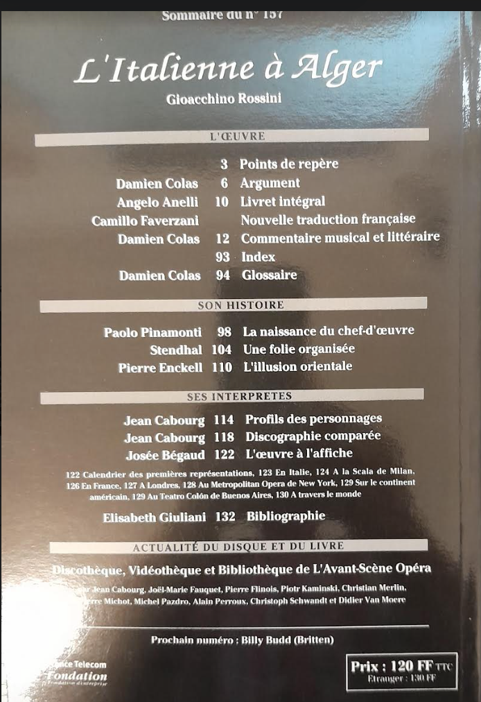 Rossini L'Italienne à Alger. Revue "Avant-scène" n° 157-3000 partitions, livres et vinyles d'occasion en vente sur notre site internet gastonmusicclub.fr Gaston Music Store