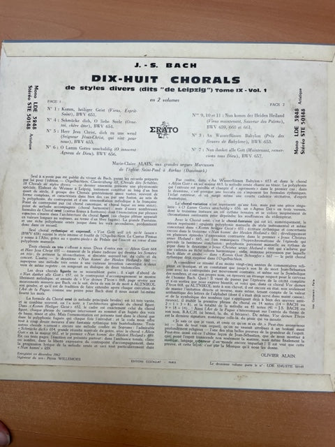 Vinyle J.S Bach L'oeuvre pour orgue de JS Bach tome IX volume 1: 18 chorals de Leipzig