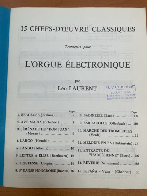 16 chefs-d'oeuvre classiques transcrits pour l'orgue électronique volume 2- 3000 partitions, livres et vinyles d'occasion  en vente sur notre site internet gastonmusicclub.fr Gaston Music Store