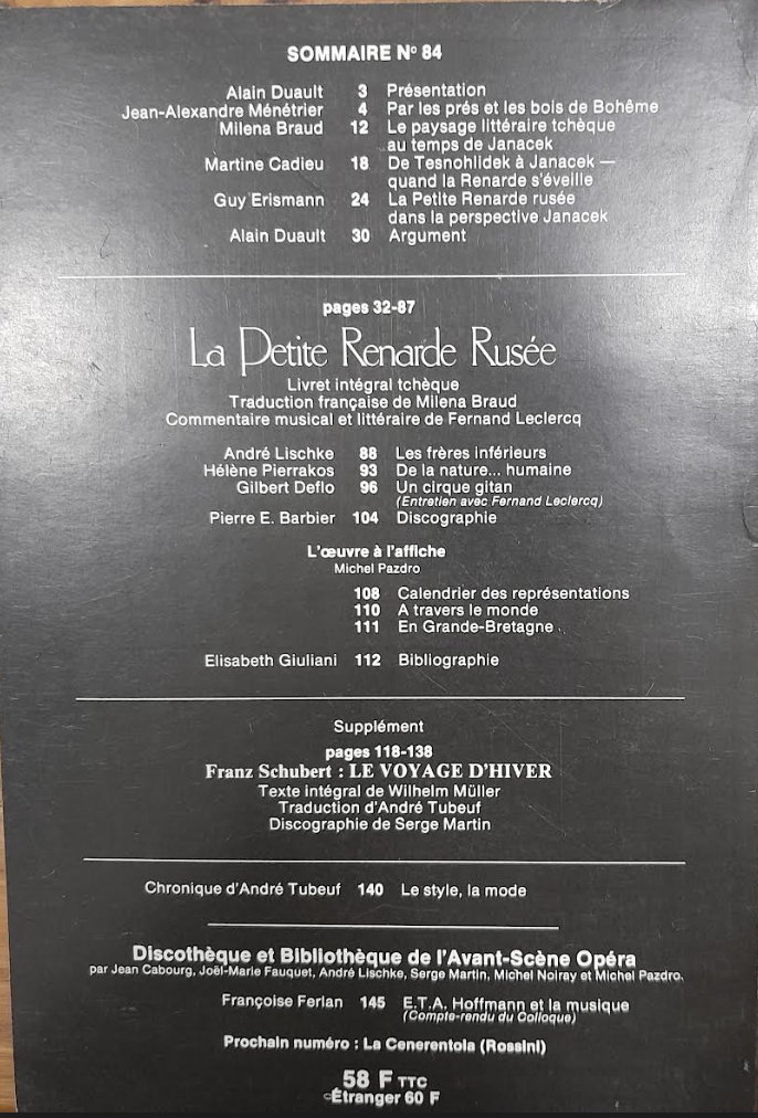 Janacek La petite renarde rusée Revue "Avant-scène" opéra n° 84-3000 partitions, livres et vinyles d'occasion en vente sur notre site internet gastonmusicclub.fr Gaston Music Store