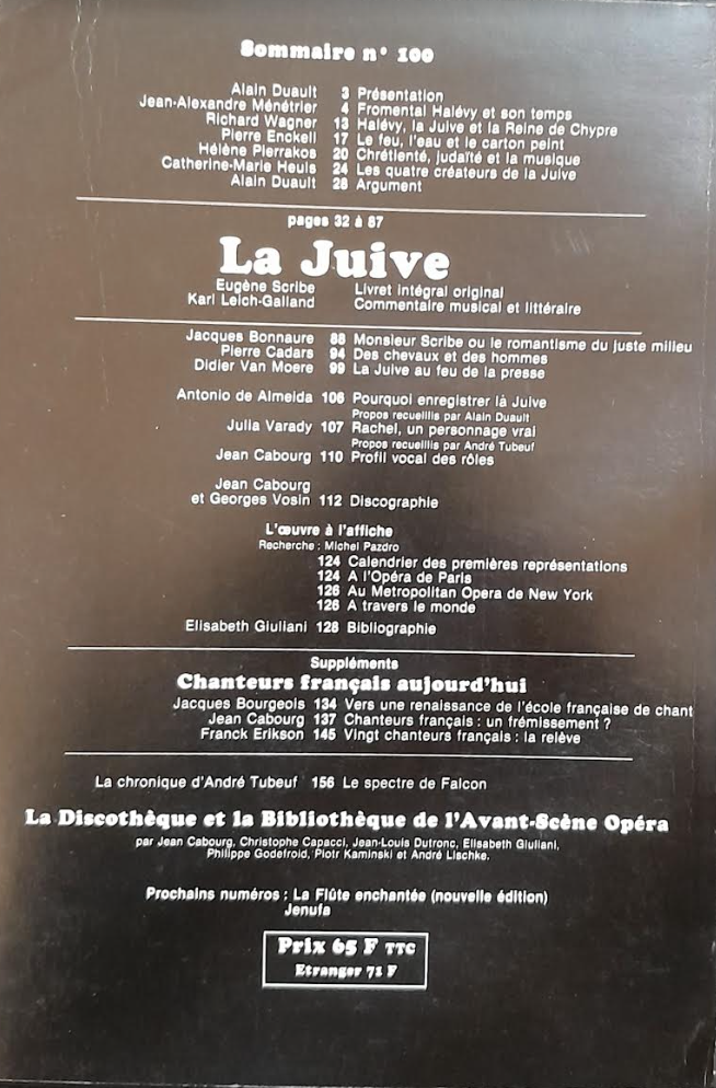 Revue "Avant-Scène" Opéra n° 100: La Juive Halévy- 3000 partitions, livres et vinyles d'occasion en vente sur notre site internet gastonmusicclub.fr Gaston Music Store