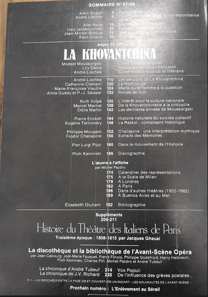 Moussorgski La Khovantchina. Revue "Avant-scène" opéra n° 57- 58-3000 partitions, livres et vinyles d'occasion en vente sur notre site internet gastonmusicclub.fr Gaston Music Store