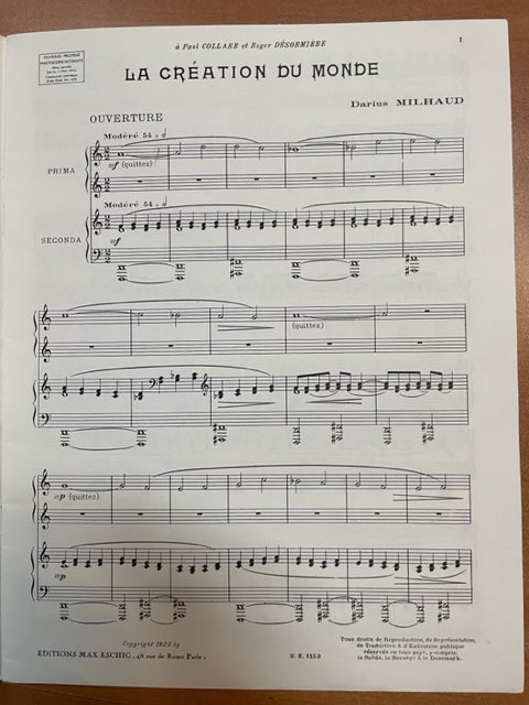 Darius Milhaud La création du Monde réduction piano à 4 mains