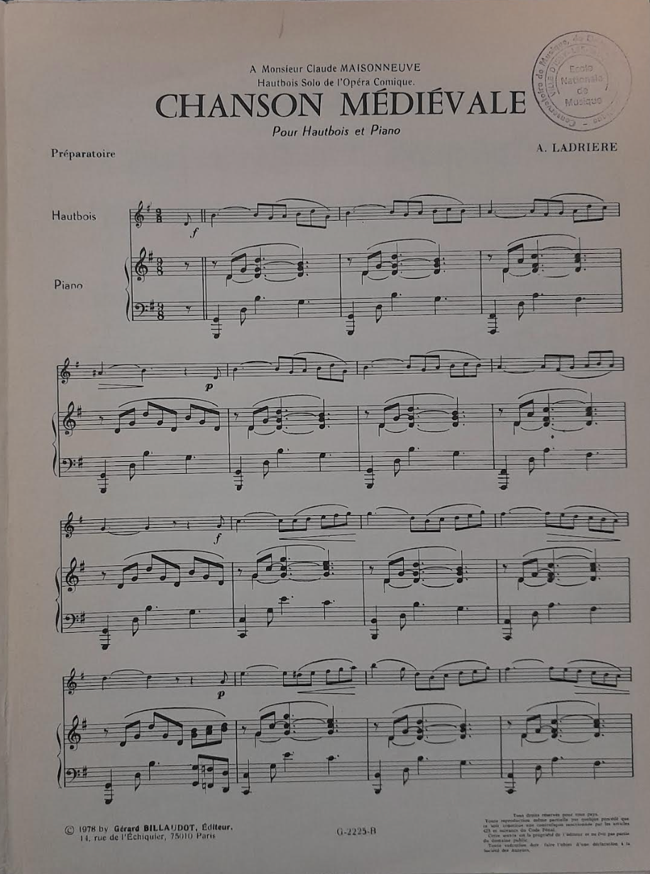 Ladrière Chanson médiévale - Niveau préparatoire partition pour hautbois et piano-3000 partitions, livres et vinyles d'occasion en vente sur notre site internet gastonmusicclub.fr Gaston Music Store