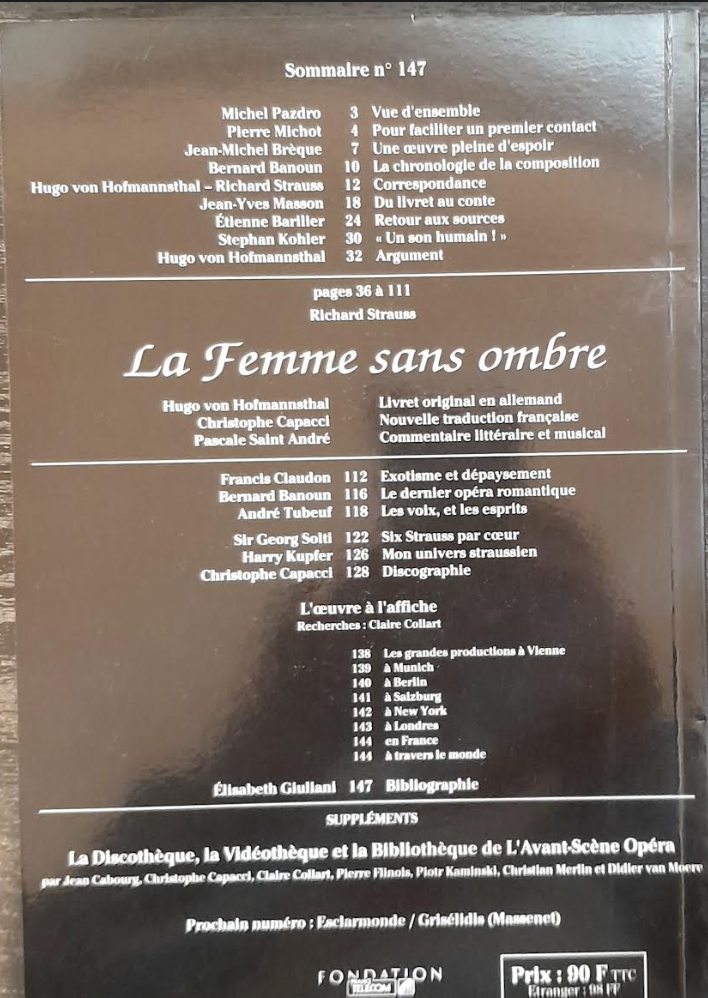 Revue "Avant-Scène" Opéra n° 147: La femme sans ombre Richard Strauss- 3000 partitions, livres et vinyles d'occasion en vente sur notre site internet gastonmusicclub.fr Gaston Music Store