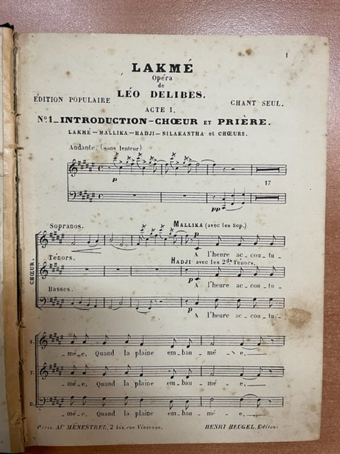 Léo Delibes Lakmé partition pour choeur seul