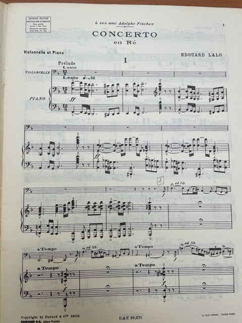 Edouard Lalo Concerto en ré mineur pour violoncelle-3000 partitions, livres et vinyles d'occasion en vente sur notre site internet gastonmusicclub.fr Gaston Music Store