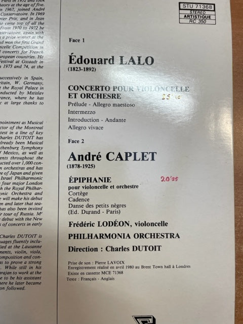 Vinyle Lalo - Caplet Concerto pour violoncelle et orchestre - Epiphanie pour violoncelle et orchestre-3000 partitions, livres et vinyles d'occasion en vente sur notre site internet gastonmusicclub.fr Gaston Music Store
