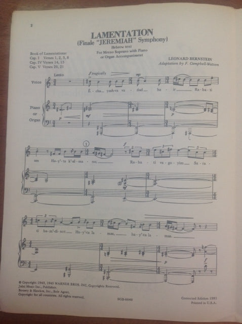Leonard Bernstein Lamentation, finale "Jeremiah" Symphony for mezzo soprano et piano