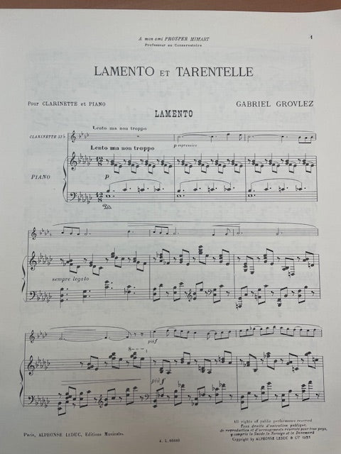 Gabriel Grovlez Lamento et tarentelle pour clarinette et piano-3000 partitions, livres et vinyles d'occasion en vente sur notre site internet gastonmusicclub.fr Gaston Music Store