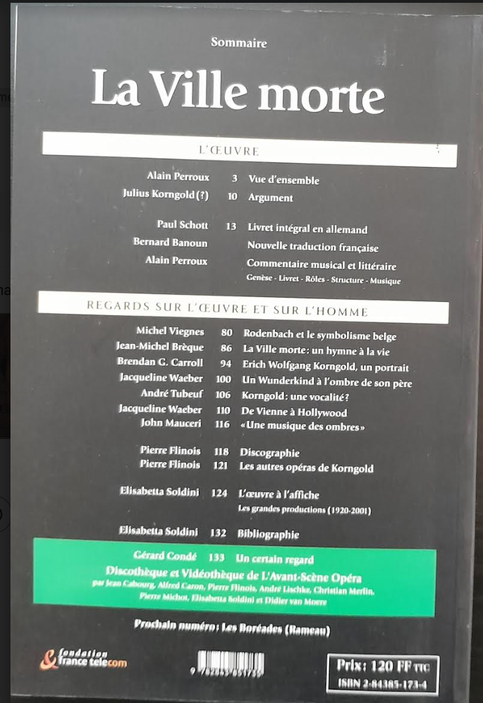 revue "Avant-Scène" Opéra n° 202: La ville morte Korngold- 3000 partitions, livres et vinyles d'occasion en vente sur notre site internet gastonmusicclub.fr Gaston Music Store