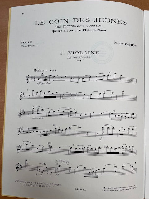 Pierre Paubon Le coin des jeunes : 4 pièces pour flûte et piano-3000 partitions, livres et vinyles d'occasion en vente sur notre site internet gastonmusicclub.fr Gaston Music Store