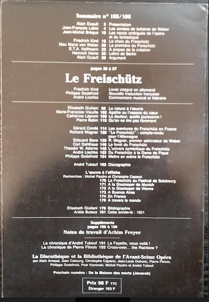 Revue "Avant-Scène" Opéra n° 105 - 106: Le Freischütz Weber- 3000 partitions, livres et vinyles d'occasion en vente sur notre site internet gastonmusicclub.fr Gaston Music Store