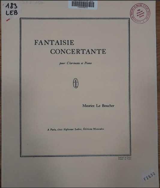 Le Boucher Maurice Fantaisie Concertante pour clarinette et piano