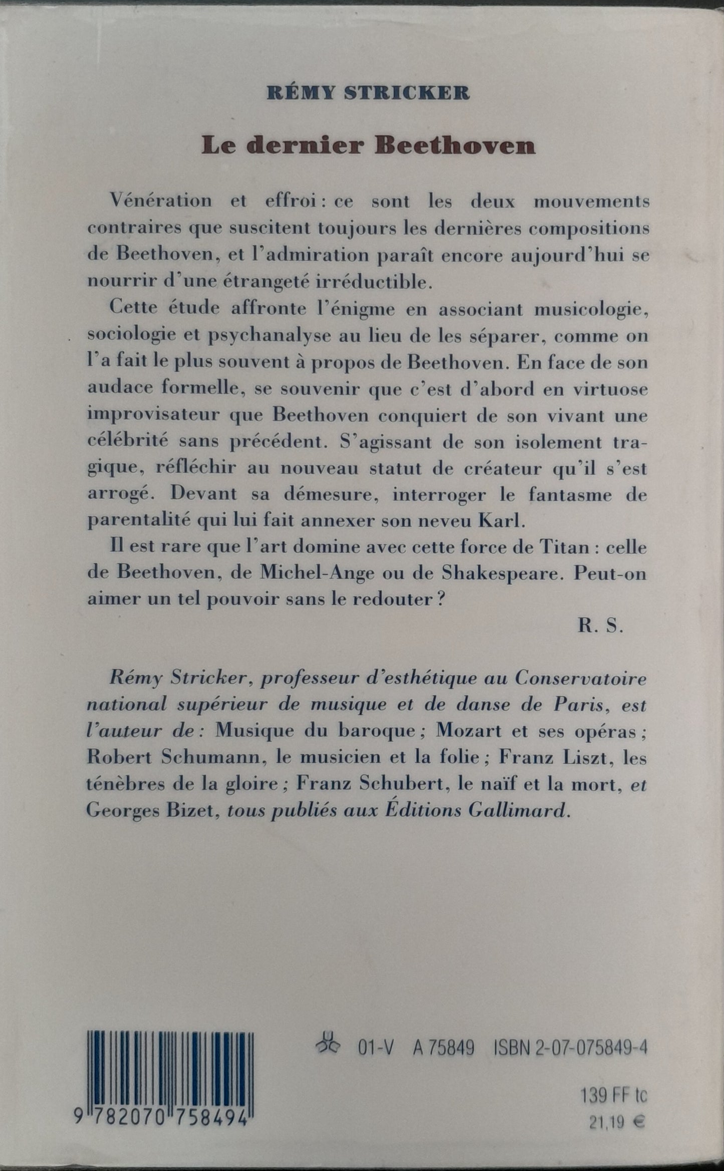 Le dernier Beethoven Livre de Rémy Stricker