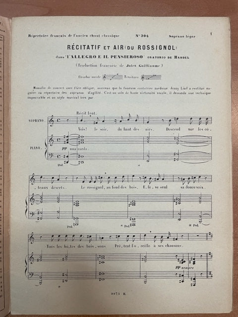Haendel Récitatif et air du Rossignol dans l'allegro e il pensieroso, Oratorio, pour soprano léger- 3000 partitions, livres et vinyles d'occasion en vente sur notre site internet gastonmusicclub.fr Gaston Music Store