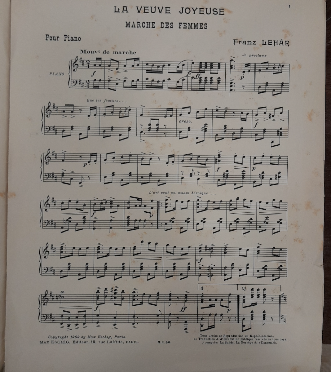 Franz Lehar Marche des femmes extraite de "La Veuve joyeuse" partition piano- 3000 partitions, livres et vinyles d'occasion en vente sur notre site internet gastonmusicclub.fr Gaston Music Store
