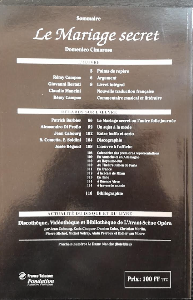 Revue "Avant-Scène" Opéra n° 175: Le mariage secret Cimarosa- 3000 partitions, livres et vinyles d'occasion en vente sur notre site internet gastonmusicclub.fr Gaston Music Store