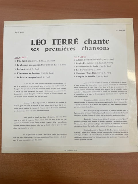 Vinyle Léo Ferré chante ses premières chansons-3000 partitions, livres et vinyles d'occasion en vente sur notre site internet gastonmusicclub.fr Gaston Music Store