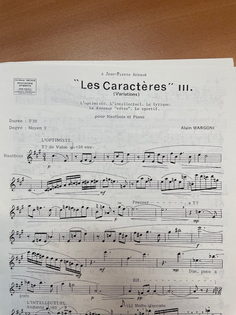 Alain Margoni Les caractères volume 3 (Variations) pour hautbois et piano