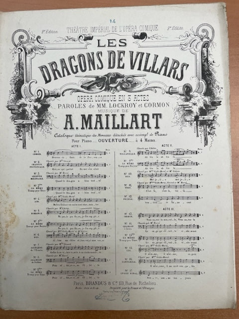 Maillart Les dragons de Villars, opéra-comique en 3 actes réduction piano voix - 3000 partitions, livres et vinyles d'occasion en vente sur notre site internet gastonmusicclub.fr Gaston Music Store