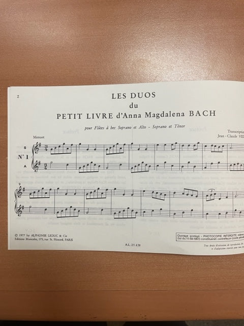 JS Bach Les duos du petit livre d'Anna Magdalena Bach pour flûtes à bec soprano et alto