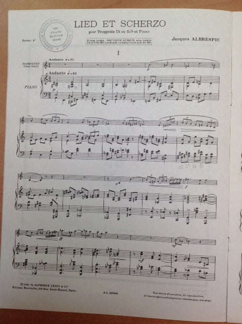 Albrespic Lied et scherzo, partition pour Trompette Ut ou Si b et piano