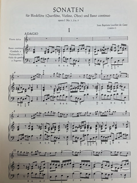 Jean Baptiste Loeillet Sonaten Volume 1 : Op. 1 N° 1-3 pour Flûte à bec alto (ou flûte) piano