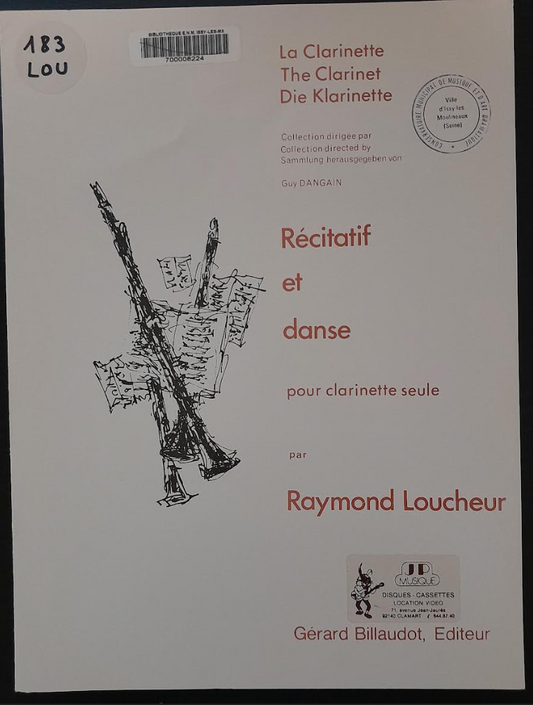 Raymond Loucheur Récitatif et danse pour clarinette seule-3000 partitions, livres et vinyles d'occasion en vente sur notre site internet gastonmusicclub.fr Gaston Music Store