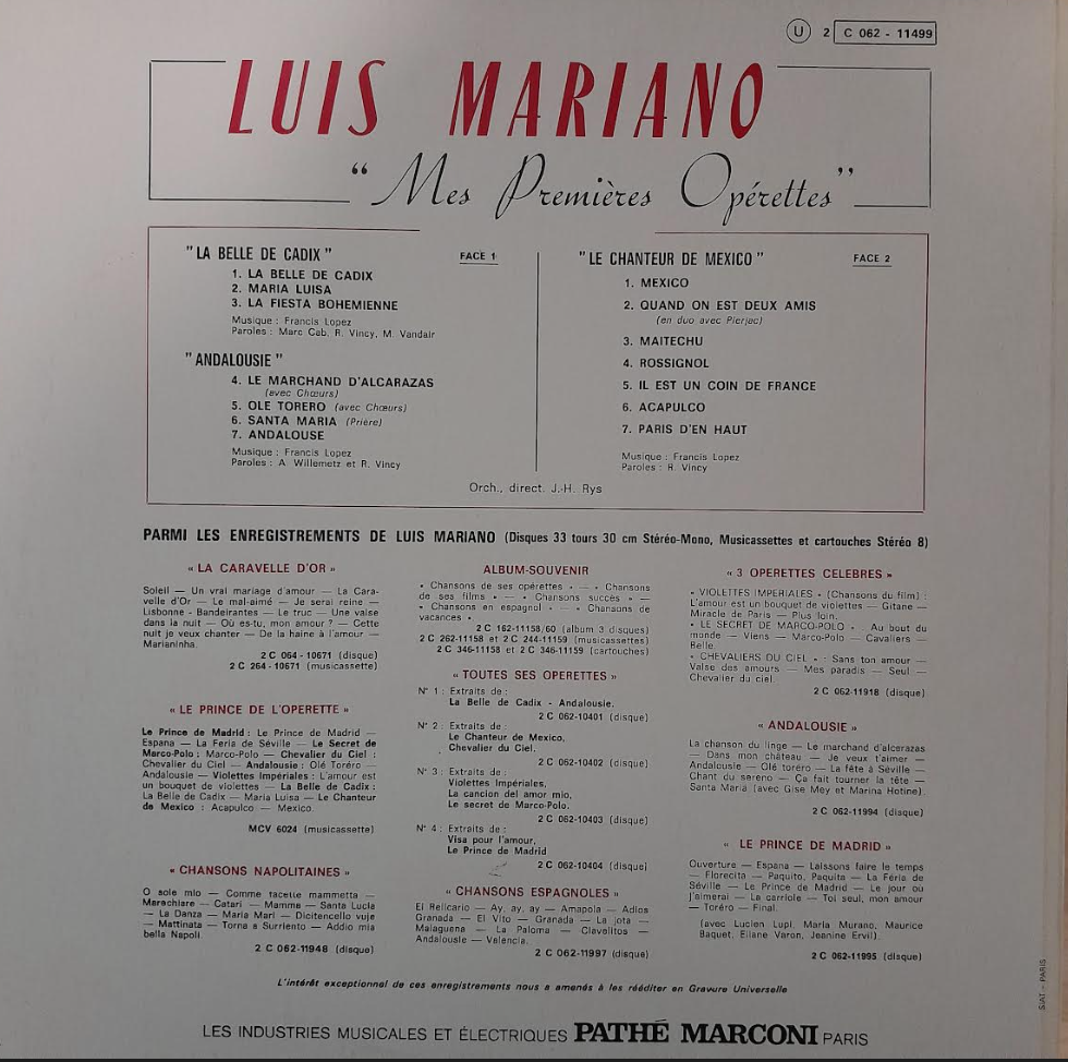 Vinyle Luis Mariano Mes premières opérettes-3000 partitions, livres et vinyles d'occasion en vente sur notre site internet gastonmusicclub.fr Gaston Music Store