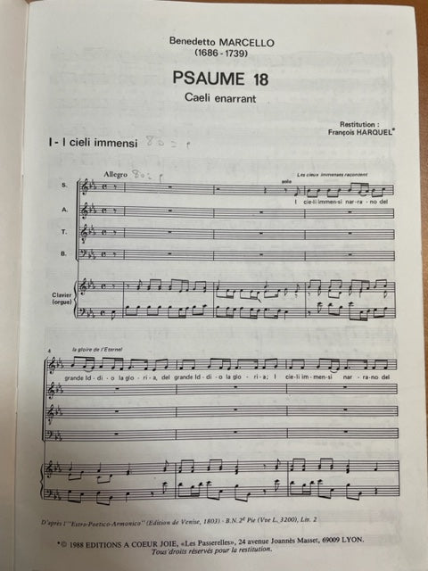 Marcello Benedetto Psaume 18 - Caeli enarrant pour Soli SATB et Choeur Mixte