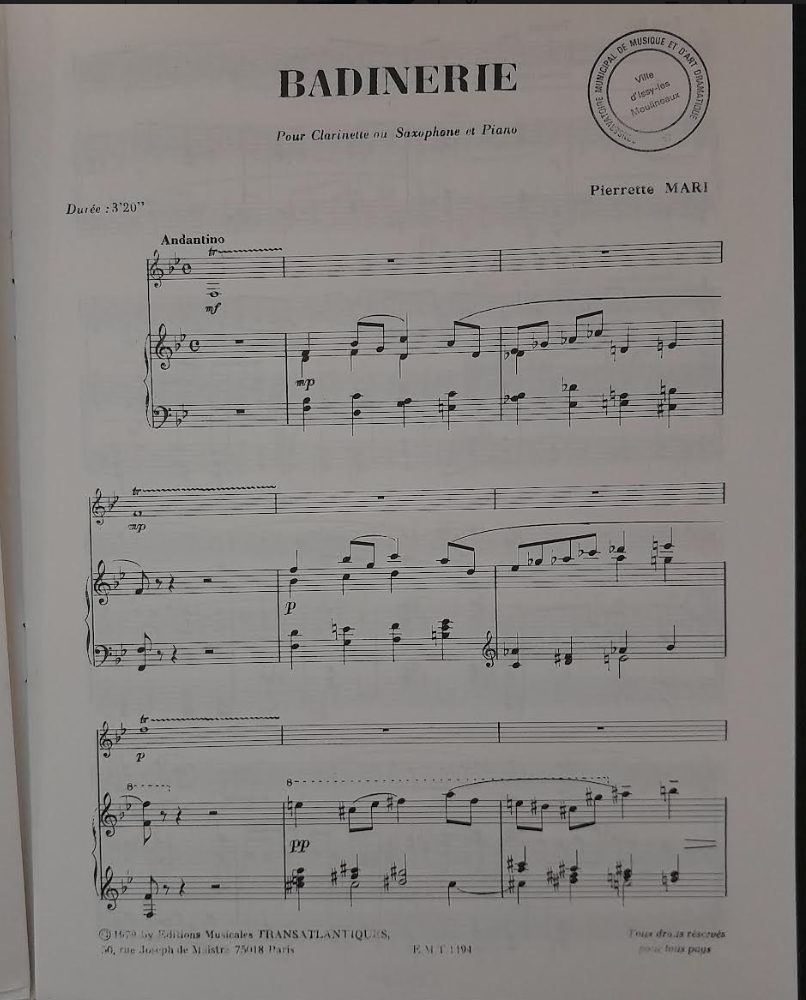 Pierrette Mari Badinerie pour clarinette ou saxophone et piano-3000 partitions, livres et vinyles d'occasion en vente sur notre site internet gastonmusicclub.fr Gaston Music Store