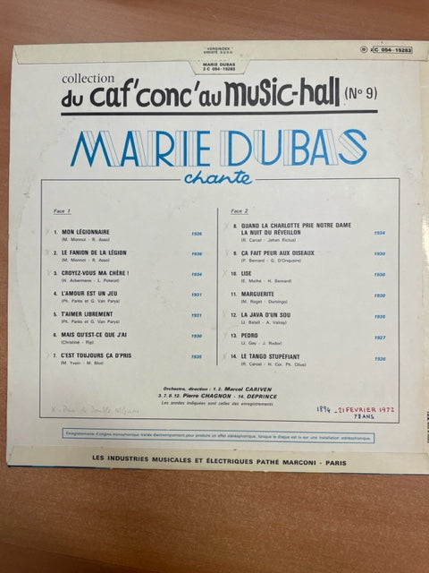 Vinyle Marie Dubas chante- 3000 partitions, livres et vinyles d'occasion en vente sur notre site internet gastonmusicclub.fr Gaston Music Store