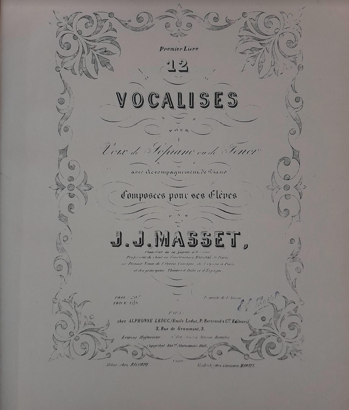 Masset 12 vocalises pour voix de ténor ou soprano avec accompagnement de piano-3000 partitions, livres et vinyles d'occasion en vente sur notre site internet gastonmusicclub.fr Gaston Music Store