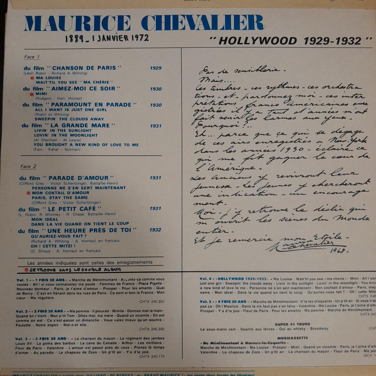 Vinyle Maurice Chevalier vol 4: Hollywood 1929-1932- 3000 partitions, livres et vinyles d'occasion en vente sur notre site internet gastonmusicclub.fr Gaston Music Store