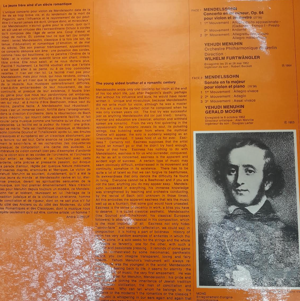 Vinyle Yehudi Menuhin Mendelssohn Concerto en mi mineur - Sonate en fa majeur- 3000 partitions, livres et vinyles d'occasion en vente sur notre site internet gastonmusicclub.fr Gaston Music Store