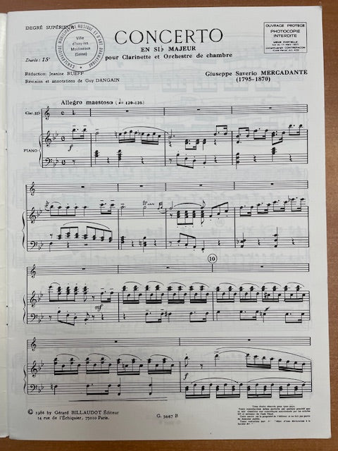 Mercadante Concerto en si bémol majeur pour clarinette et piano-3000 partitions, livres et vinyles d'occasion en vente sur notre site internet gastonmusicclub.fr Gaston Music Store