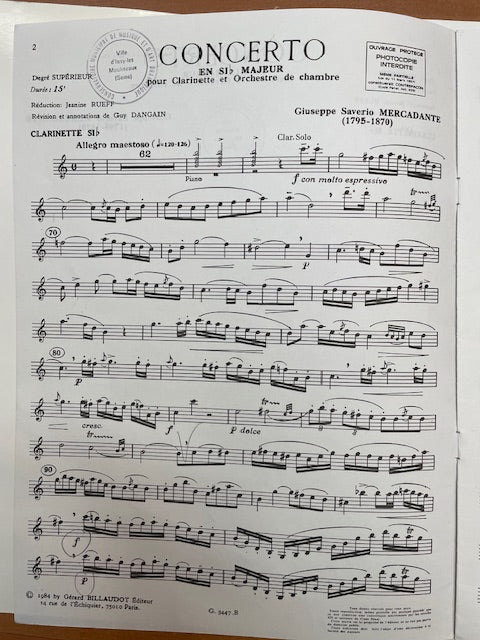 Mercadante Concerto en si bémol majeur pour clarinette et piano-3000 partitions, livres et vinyles d'occasion en vente sur notre site internet gastonmusicclub.fr Gaston Music Store