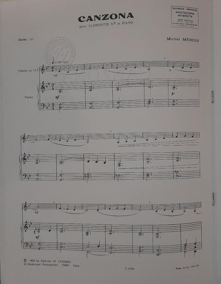 Michel Mériot Canzona pour clarinette et piano-3000 partitions, livres et vinyles d'occasion en vente sur notre site internet gastonmusicclub.fr Gaston Music Store