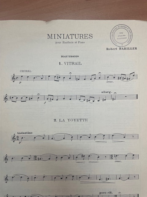 R. Bariller Miniatures pour hautbois et piano-3000 partitions, livres et vinyles d'occasion en vente sur notre site internet gastonmusicclub.fr Gaston Music Store