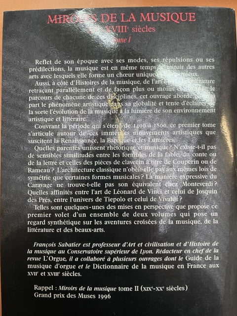 François Sabatier Miroirs de la musique tome 1: XVe - XVIIIe siècle-3000 partitions, livres et vinyles d'occasion en vente sur notre site internet gastonmusicclub.fr Gaston Music Store